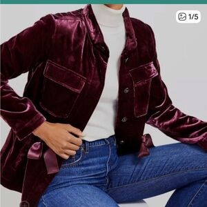 LOFT Velvet Utility Jacket in Deep Burgundy with Cinched Waist Size Large